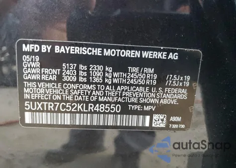 2019 BMW X3 Sdrive30I z USA, uszkodzony, nr VIN 5UXTR7C52KLR48550